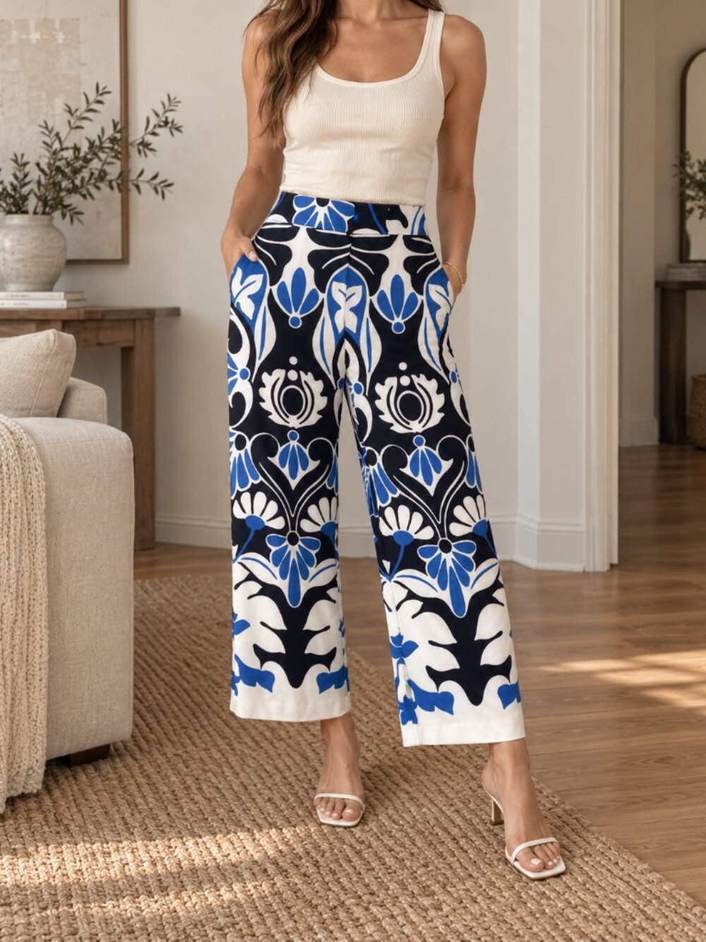 Zara Retro Floral Wide-Leg Statement Pants Size S